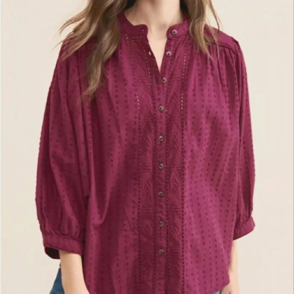 Pilcro by Anthropologie Berry Purple Swiss Dot Eyelet Embroidered Blouse XS